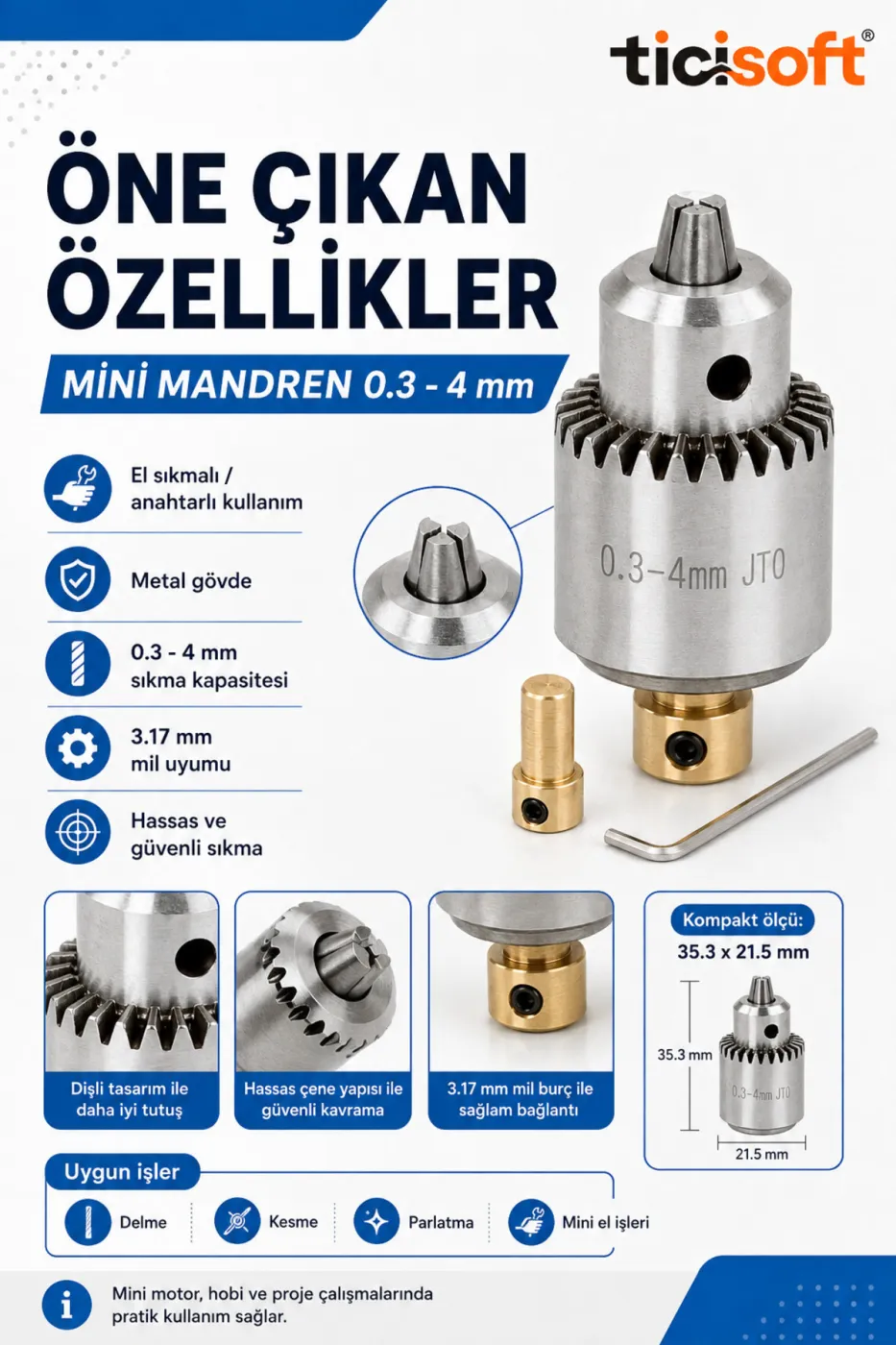 Mini Mandren Seti 0.3-4 mm Sıkma Aralığı 3.17 mm Mil Uyumlu El Sıkmalı Motor Mandreni Hobi Proje İçin