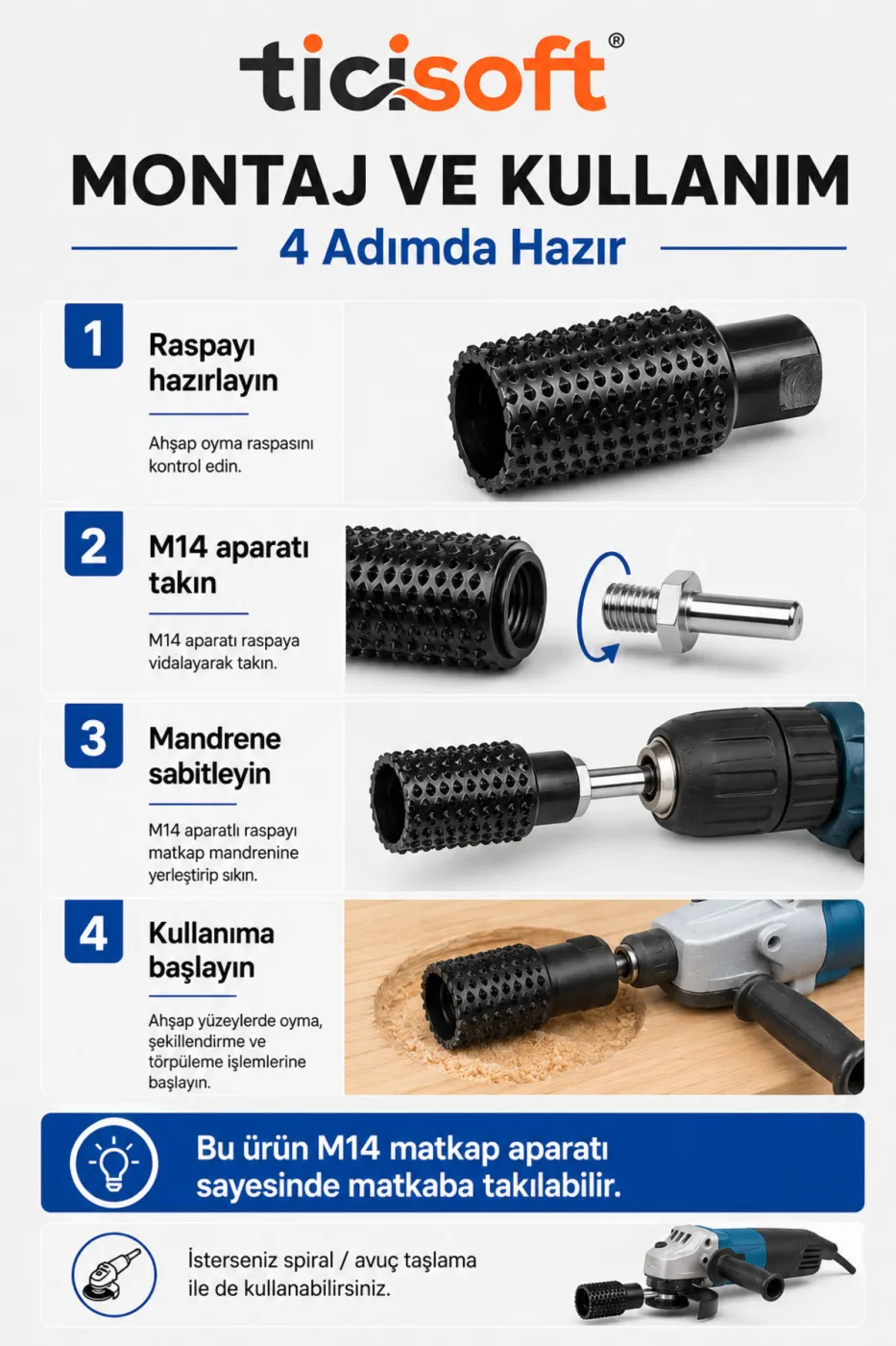 M14 Silindir Ahşap Oyma Raspası + Matkap Adaptörü Avuç Taşlama Spiral Matkap Uyumlu Karbon Çelik Raspalama Şekillendirme Ucu