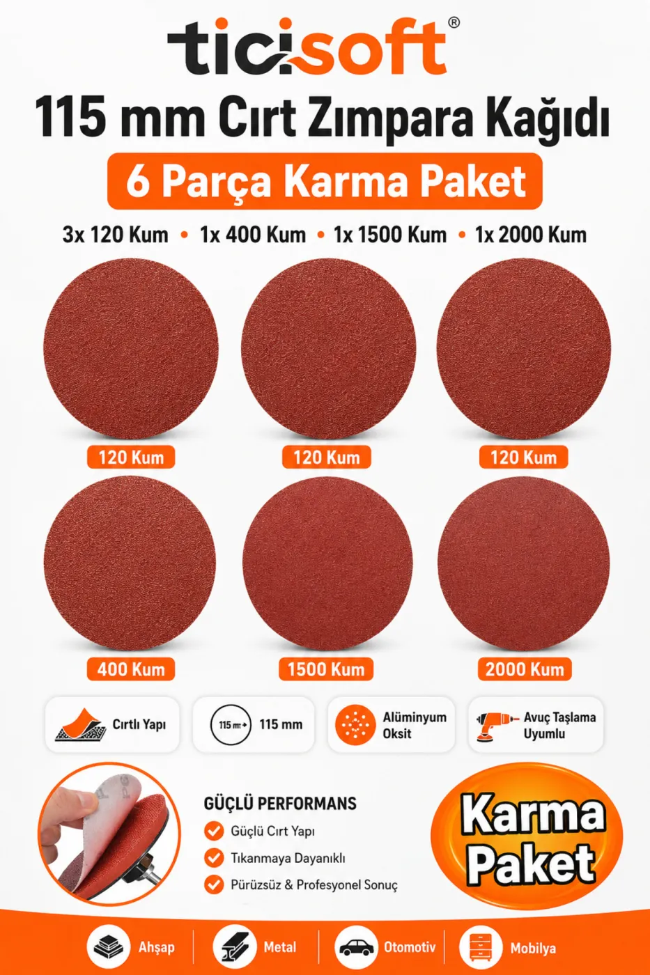 115 mm Cırt Zımpara Kağıdı 6 Parça Karma Paket 120-400-1500-2000 Kum Avuç Taşlama Uyumlu