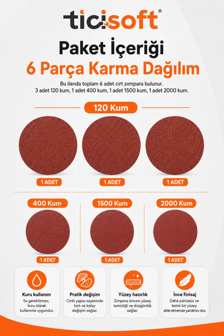 115 mm Cırt Zımpara Kağıdı 6 Parça Karma Paket 120-400-1500-2000 Kum Avuç Taşlama Uyumlu