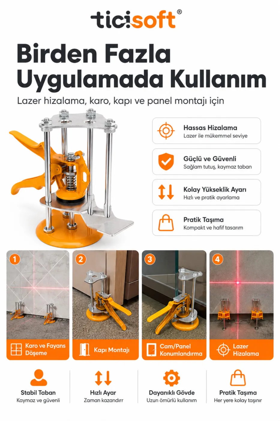 Kapı Karo Fayans Seviye Krikosu 100 Kg Taşıma Kapasiteli 1-12 cm Ayarlı Yükseklik Konumlandırıcı Tesviye Sabitleme Aleti