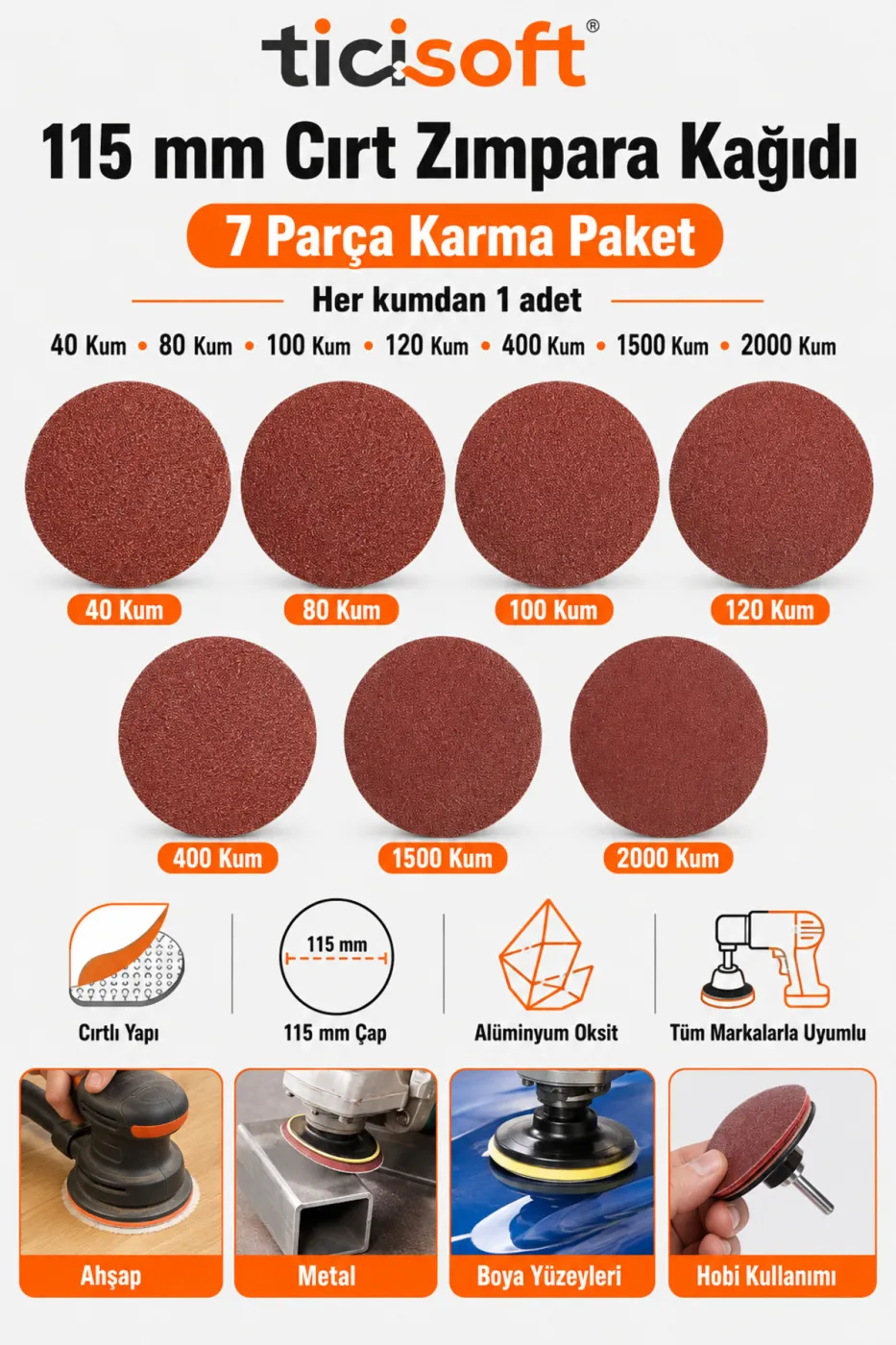 115 mm Cırt Zımpara Kağıdı 7 Parça Karma Paket 40-80-100-120-400-1500-2000 Kum