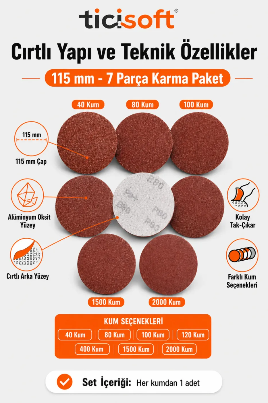 115 mm Cırt Zımpara Kağıdı 7 Parça Karma Paket 40-80-100-120-400-1500-2000 Kum