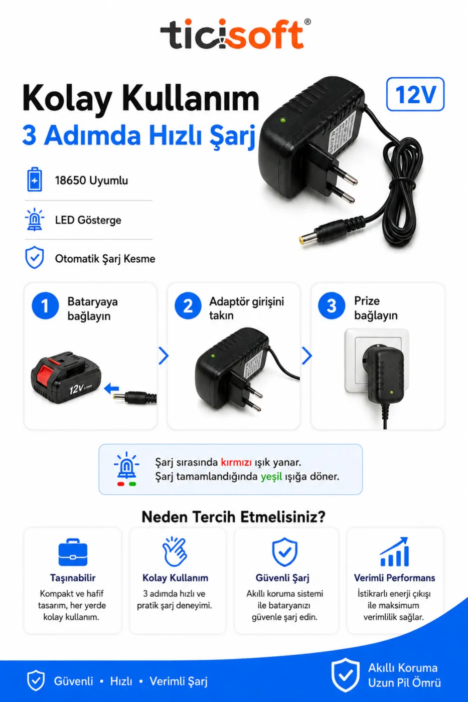 12V Li-ion Şarj Adaptörü Şarjlı Matkap Batarya Şarj Cihazı 18650 Uyumlu 1.2Ah 1.5Ah 2.0Ah LED Göstergeli