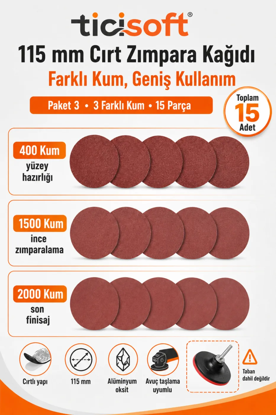 115 mm Cırt Zımpara Kağıdı 15 Parça Karma Paket 400-1500-2000 Kum Avuç Taşlama Uyumlu