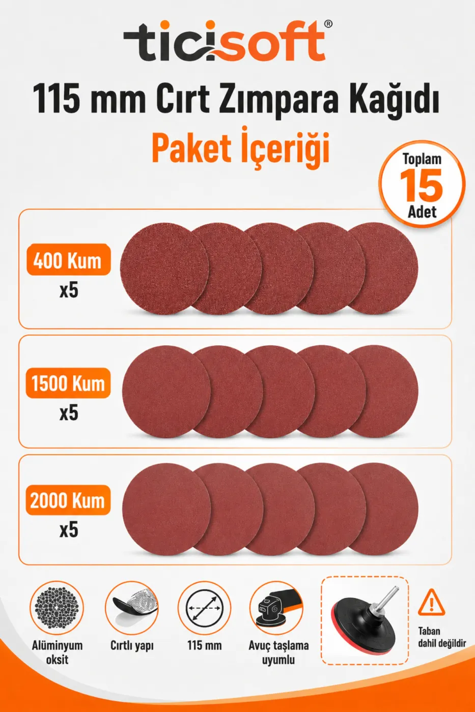 115 mm Cırt Zımpara Kağıdı 15 Parça Karma Paket 400-1500-2000 Kum Avuç Taşlama Uyumlu