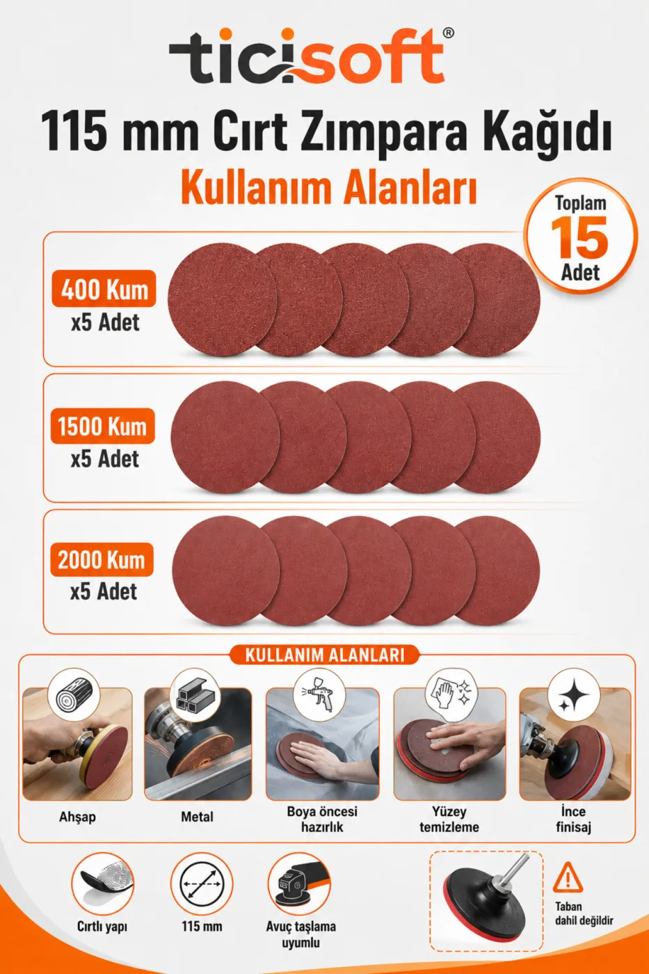 115 mm Cırt Zımpara Kağıdı 15 Parça Karma Paket 400-1500-2000 Kum Avuç Taşlama Uyumlu