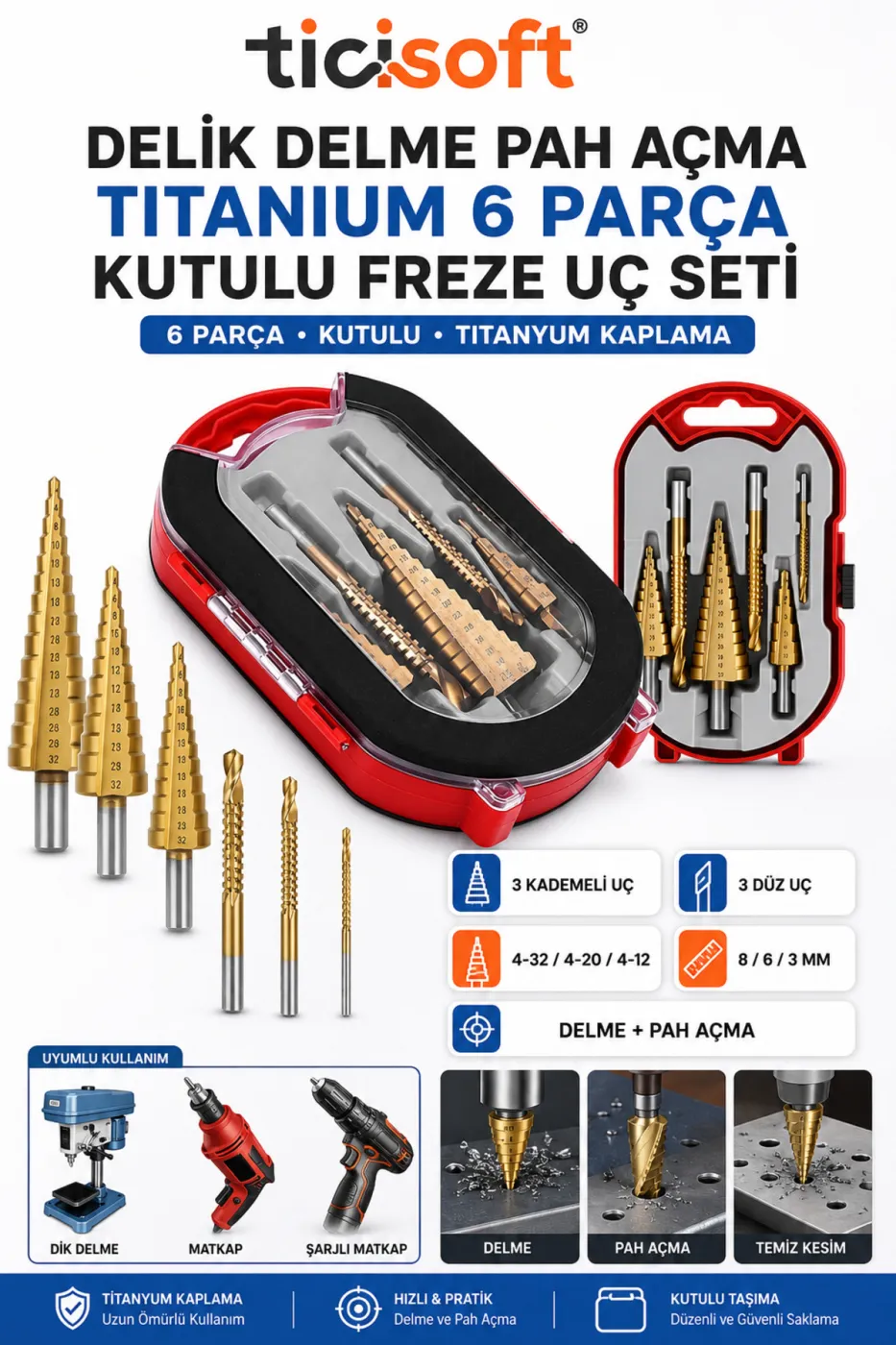 6 Parça Titanyum Kademeli Matkap Ucu Seti 4-32 / 4-20 / 4-12 mm Delik Delme Pah Açma Freze Uç Seti Kutulu