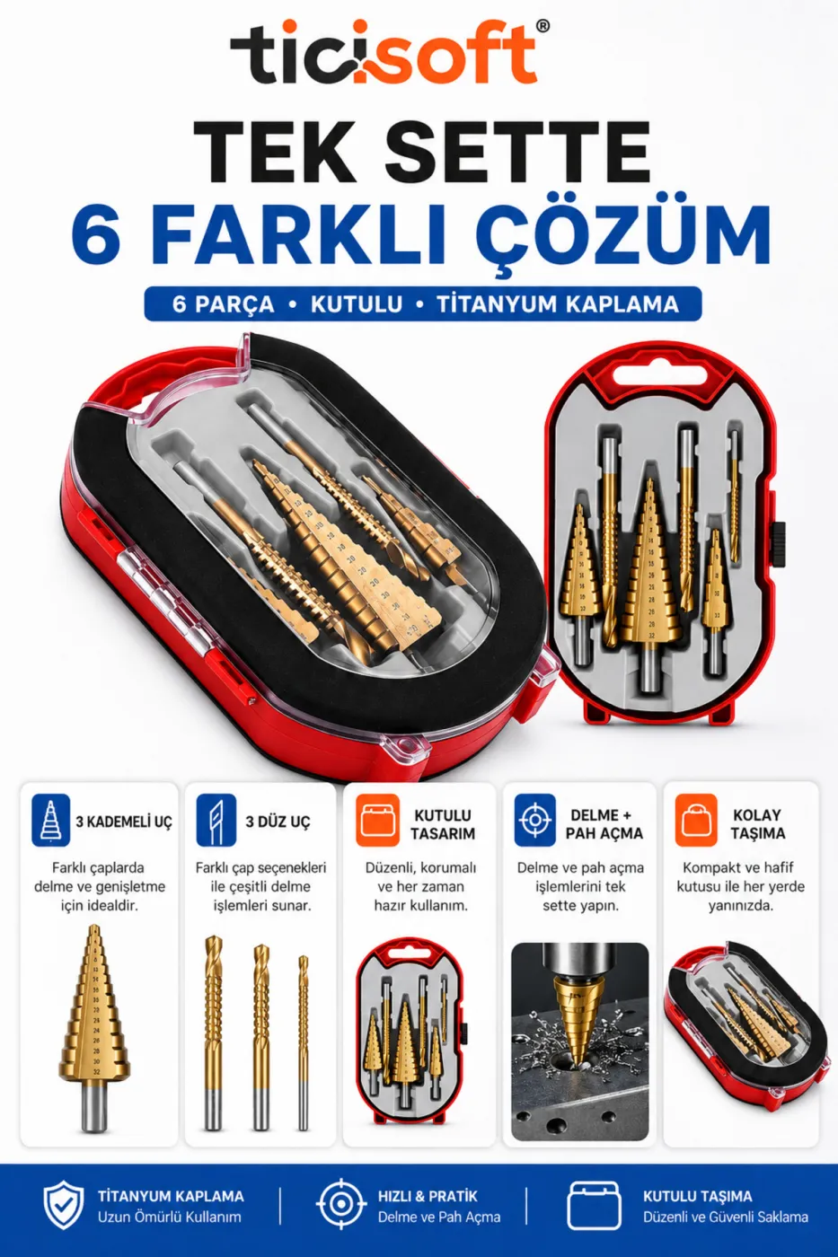 6 Parça Titanyum Kademeli Matkap Ucu Seti 4-32 / 4-20 / 4-12 mm Delik Delme Pah Açma Freze Uç Seti Kutulu