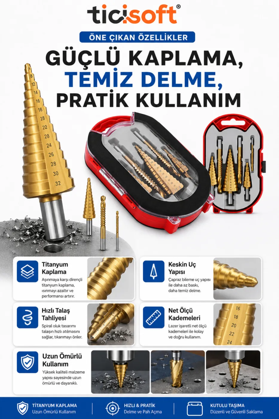 6 Parça Titanyum Kademeli Matkap Ucu Seti 4-32 / 4-20 / 4-12 mm Delik Delme Pah Açma Freze Uç Seti Kutulu