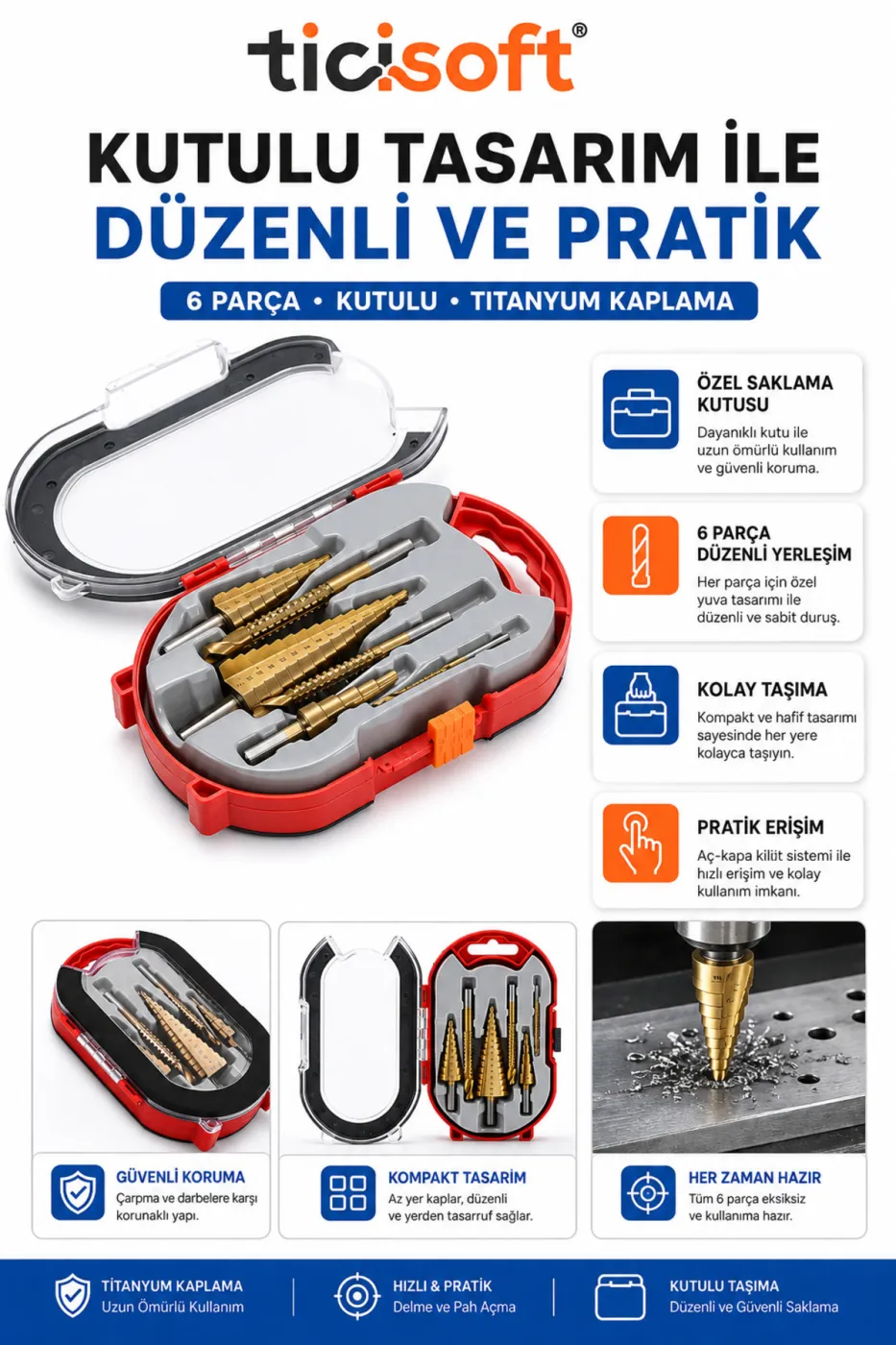 6 Parça Titanyum Kademeli Matkap Ucu Seti 4-32 / 4-20 / 4-12 mm Delik Delme Pah Açma Freze Uç Seti Kutulu