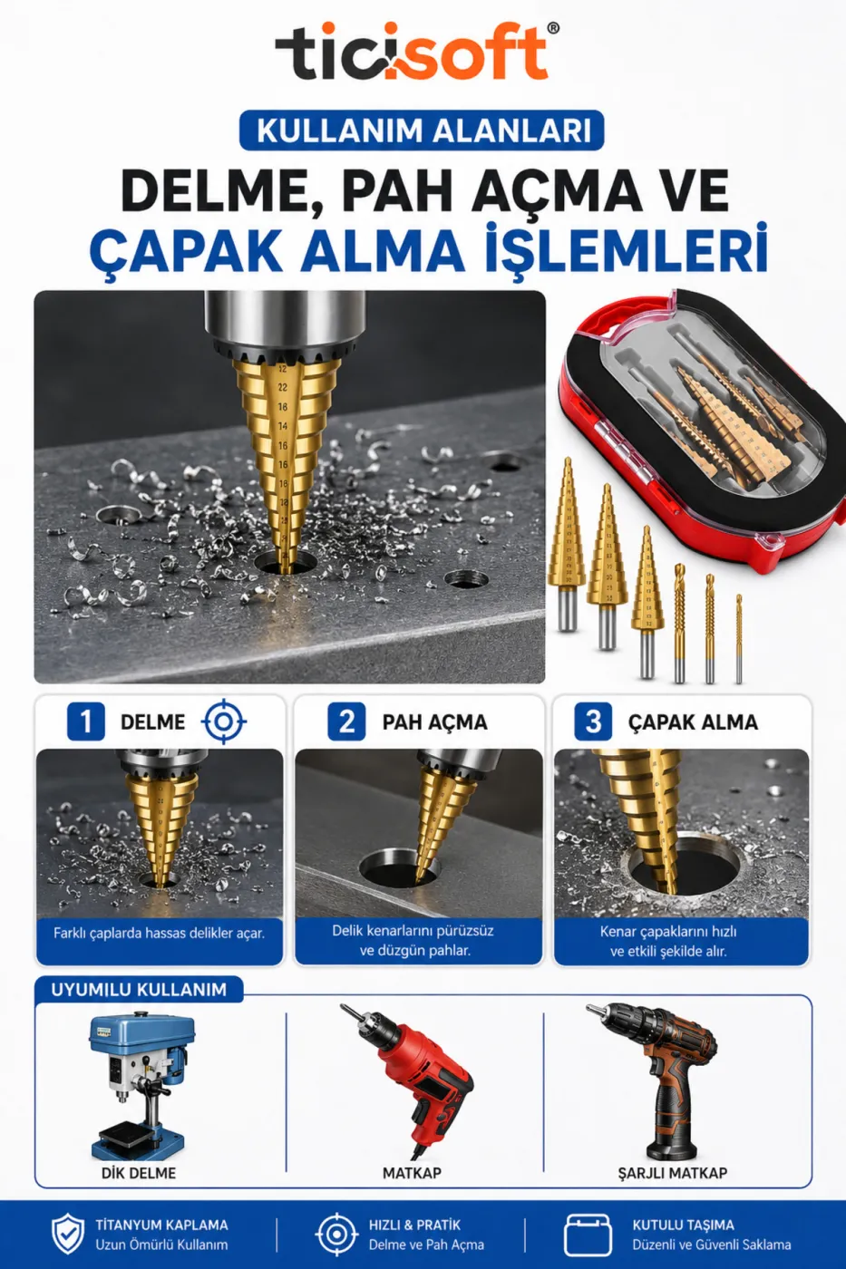 6 Parça Titanyum Kademeli Matkap Ucu Seti 4-32 / 4-20 / 4-12 mm Delik Delme Pah Açma Freze Uç Seti Kutulu