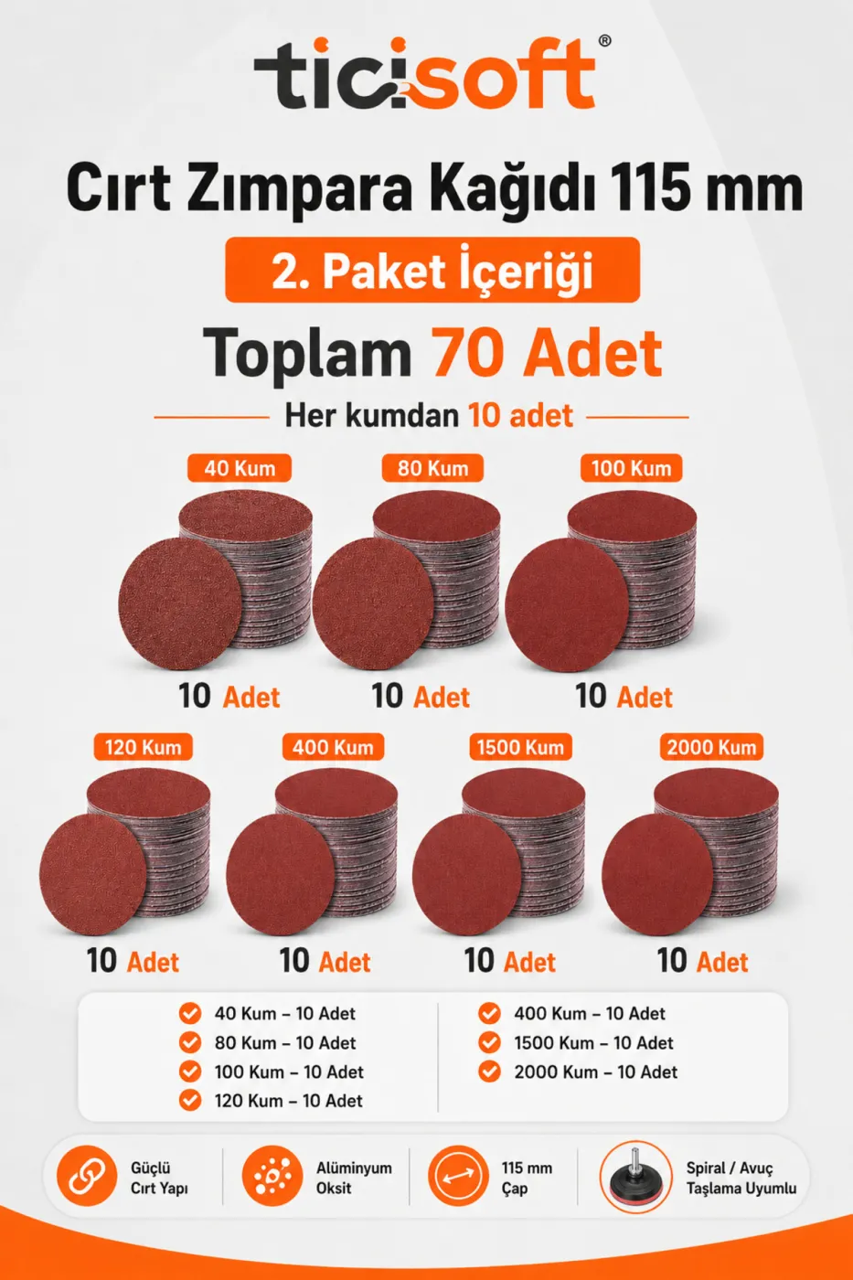 115 mm Cırt Zımpara Kağıdı 70 Parça Karma Paket 40-80-100-120-400-1500-2000 Kum Avuç Taşlama Uyumlu