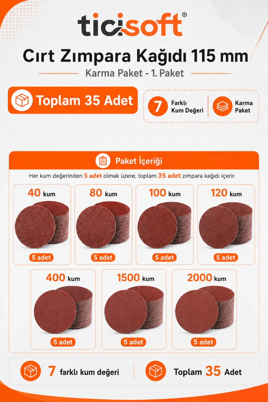115 mm Cırt Zımpara Kağıdı 35 Parça Karma Paket 40-80-100-120-400-1500-2000 Kum