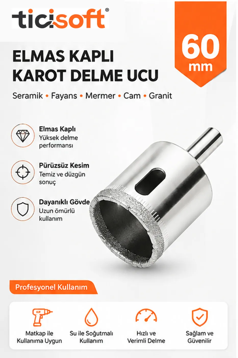 60 mm Elmas Kaplı Panç Delici Uç Cam Seramik Mermer Granit Delme Matkap Ucu