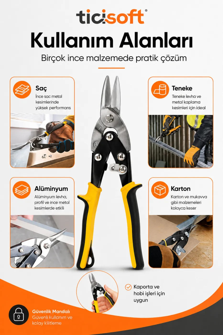 250 mm Düz Ağız Sac Kesme Makası Teneke Alüminyum Karton Kaportacı Metal Kesme Makası