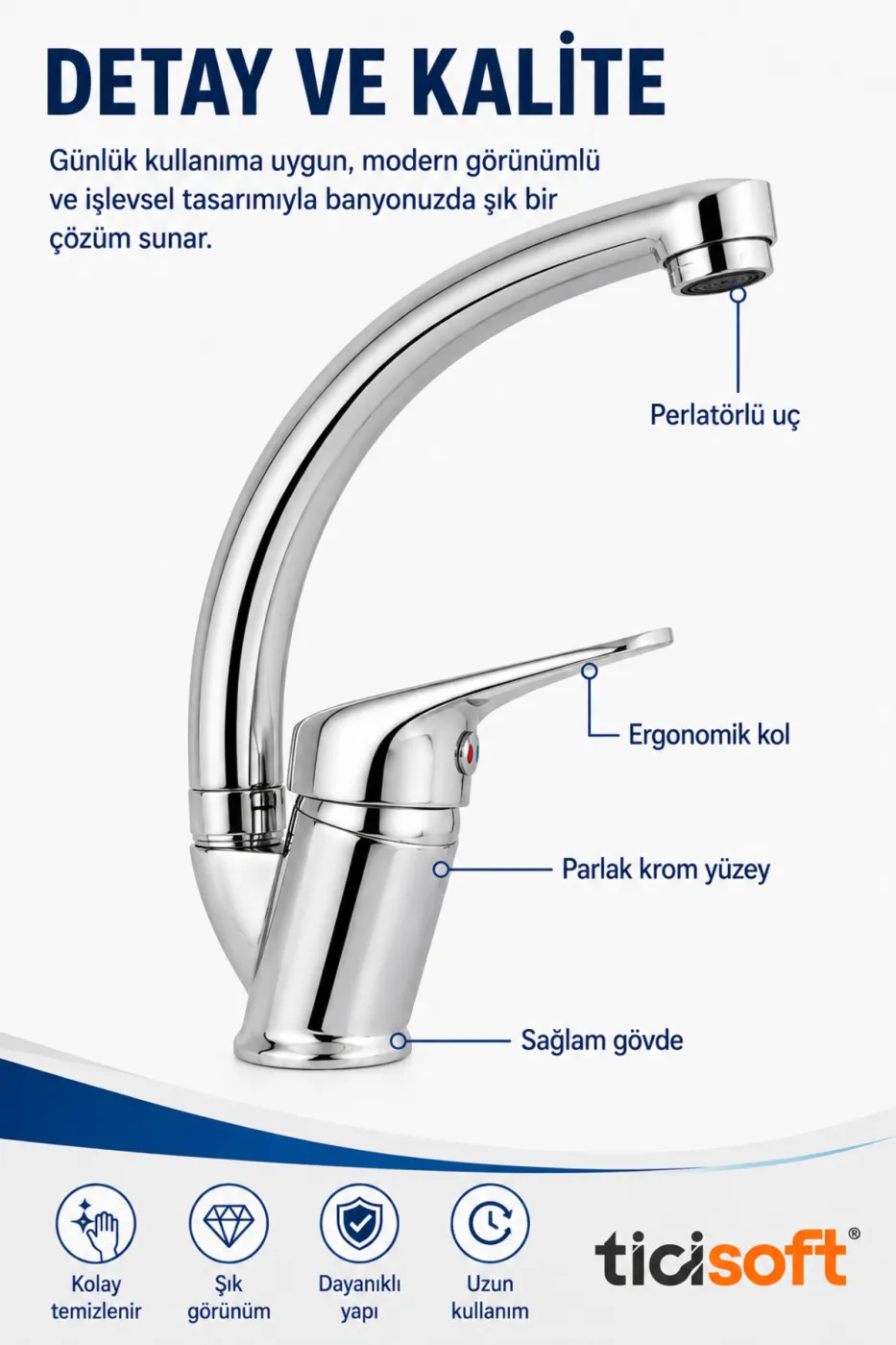 Lavabo Bataryası Sıcak Soğuk Su Musluğu 360° Döner Başlıklı Pirinç Gövde Krom Kaplama Su Tasarruflu