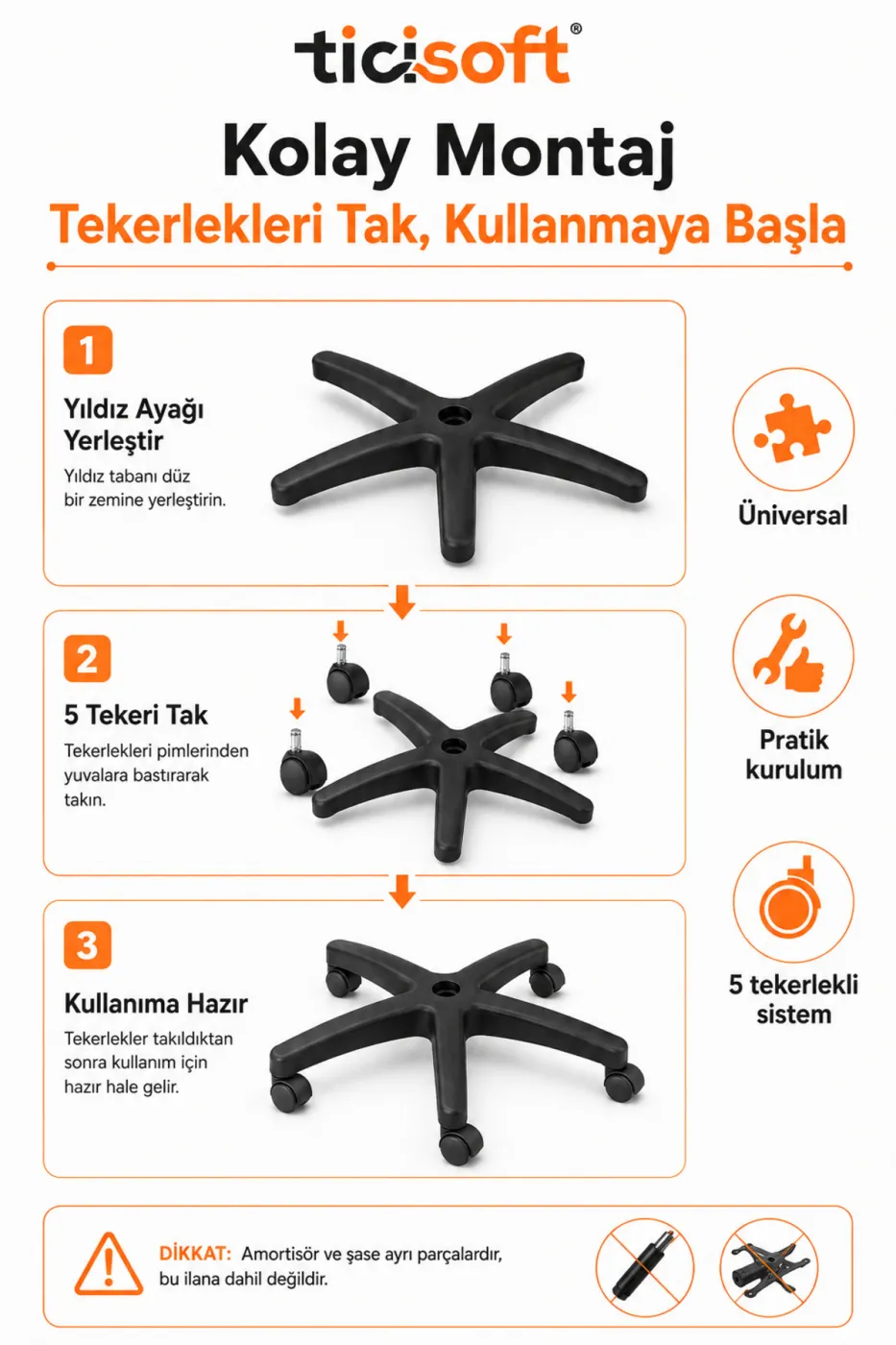 Ofis Koltuğu Tekerlekli Yıldız Ayak 55 cm 5 Tekerli Üniversal Plastik Sandalye Ayağı 110 kg Taşıma Kapasiteli