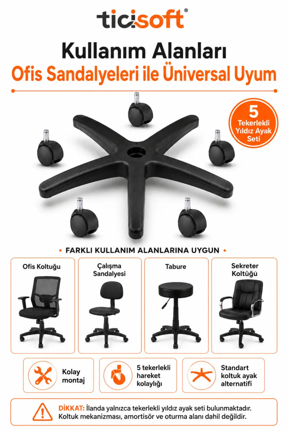 Ofis Koltuğu Tekerlekli Yıldız Ayak 55 cm 5 Tekerli Üniversal Plastik Sandalye Ayağı 110 kg Taşıma Kapasiteli