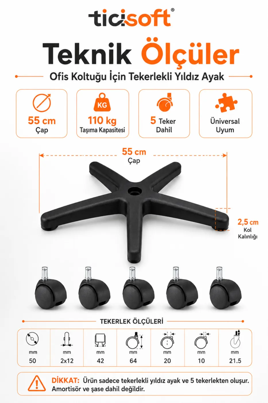 Ofis Koltuğu Tekerlekli Yıldız Ayak 55 cm 5 Tekerli Üniversal Plastik Sandalye Ayağı 110 kg Taşıma Kapasiteli