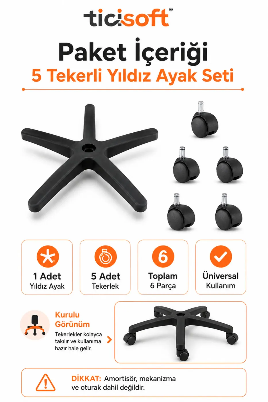 Ofis Koltuğu Tekerlekli Yıldız Ayak 55 cm 5 Tekerli Üniversal Plastik Sandalye Ayağı 110 kg Taşıma Kapasiteli