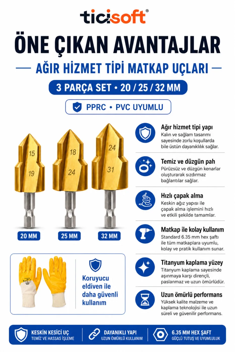 PVC PPRC Boru Raybası 3 Parça 20-25-32 mm Ağır Hizmet Tipi Matkap Ucu Havşa Pah Çapak Alma Seti