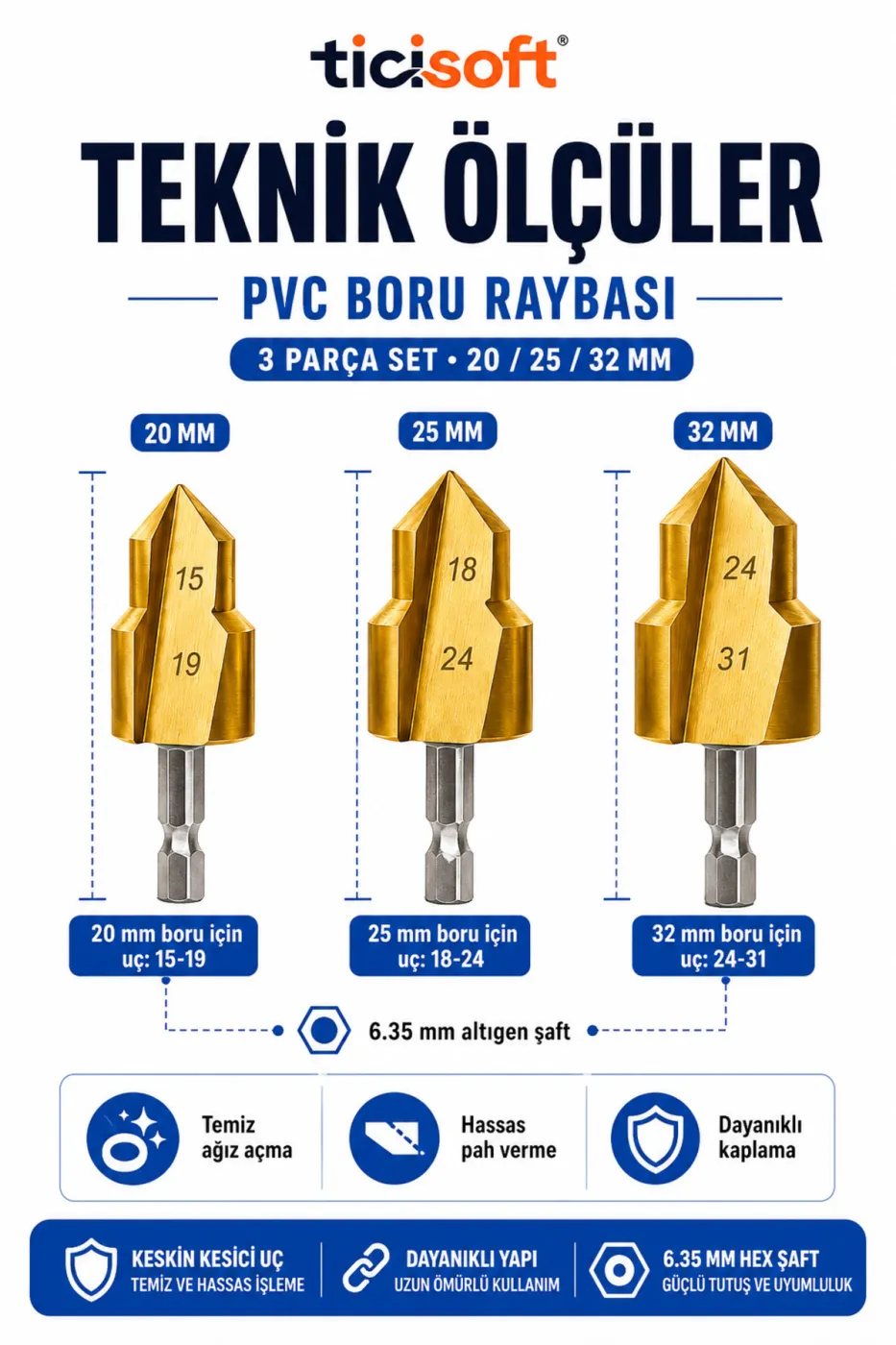 PVC PPRC Boru Raybası 3 Parça 20-25-32 mm Ağır Hizmet Tipi Matkap Ucu Havşa Pah Çapak Alma Seti
