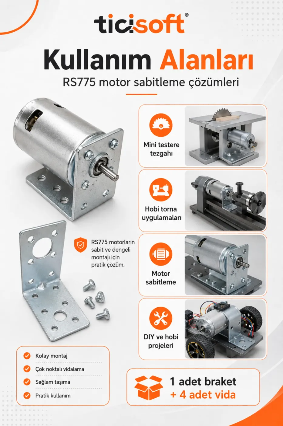 RS775 Motor Tutucu Braket Montaj Demiri 4 Adet Vidalı Sabitleme Aparatı