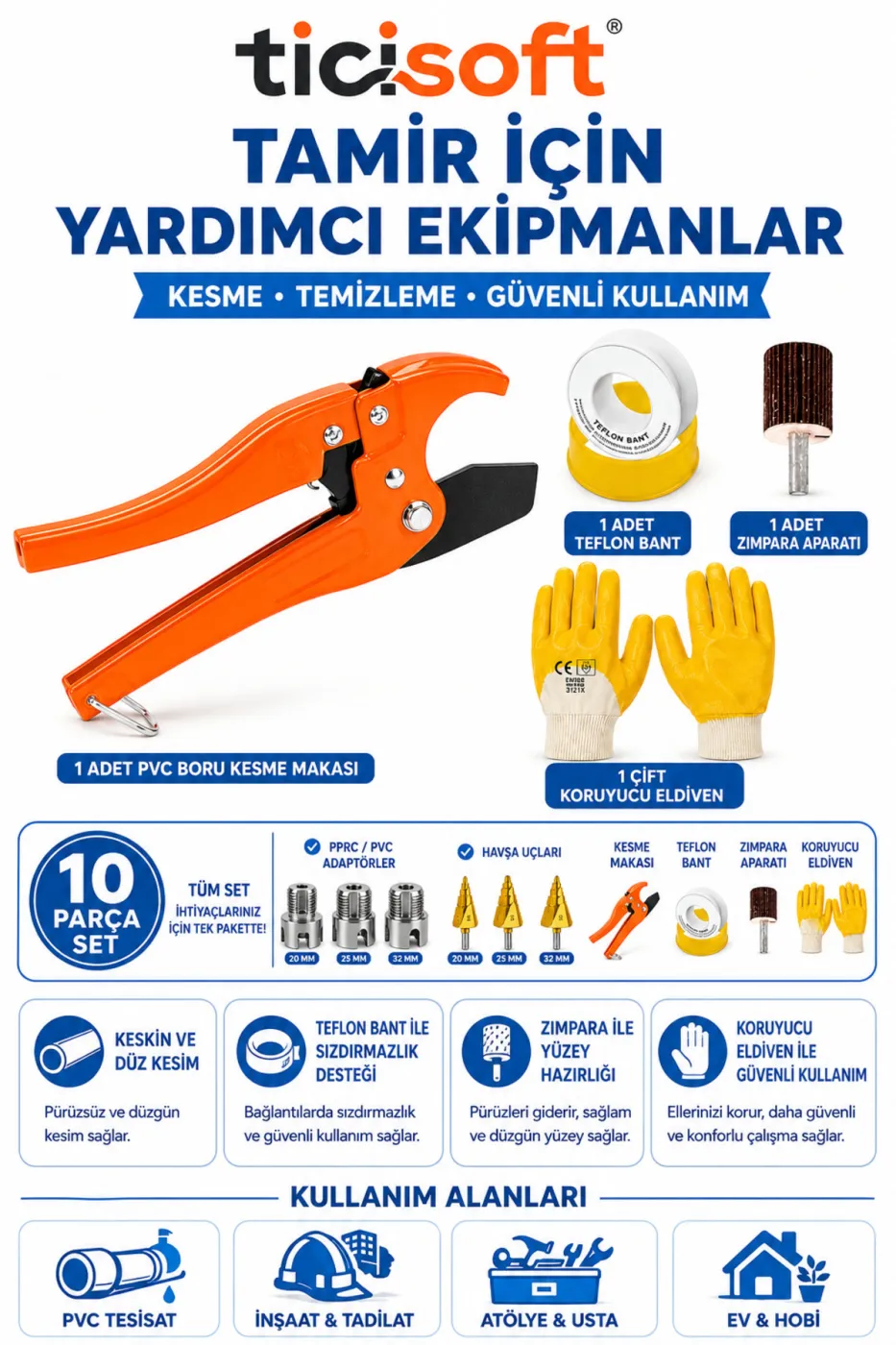 10 Parça PPRC PVC Boru Tamir Seti 20-25-32 mm İç Dış Diş Açma Havşa Pah Açma Boru Makası Tesisatçı Kiti