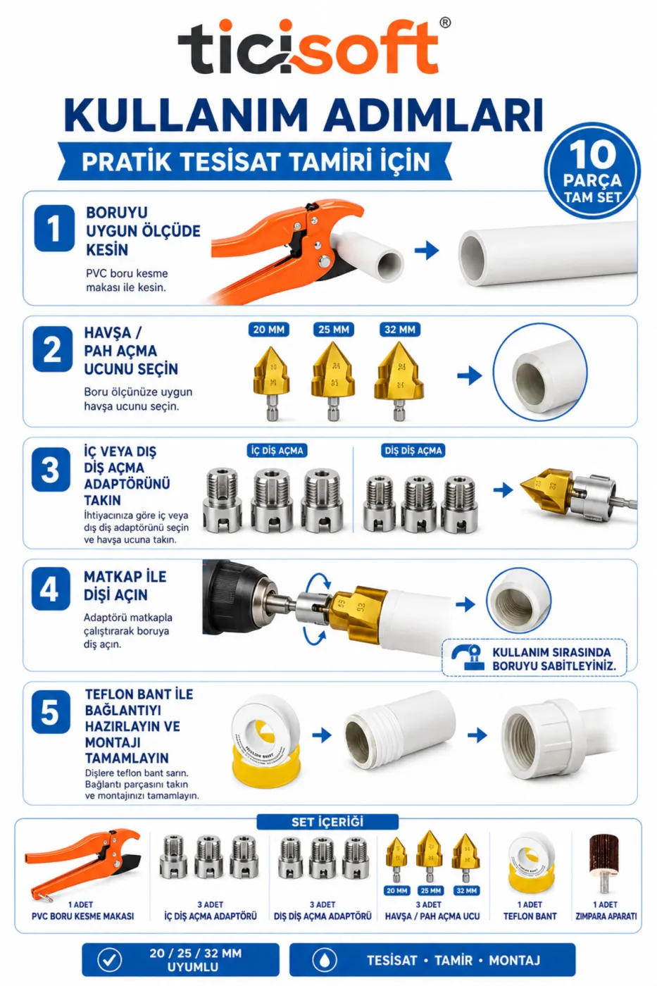 10 Parça PPRC PVC Boru Tamir Seti 20-25-32 mm İç Dış Diş Açma Havşa Pah Açma Boru Makası Tesisatçı Kiti