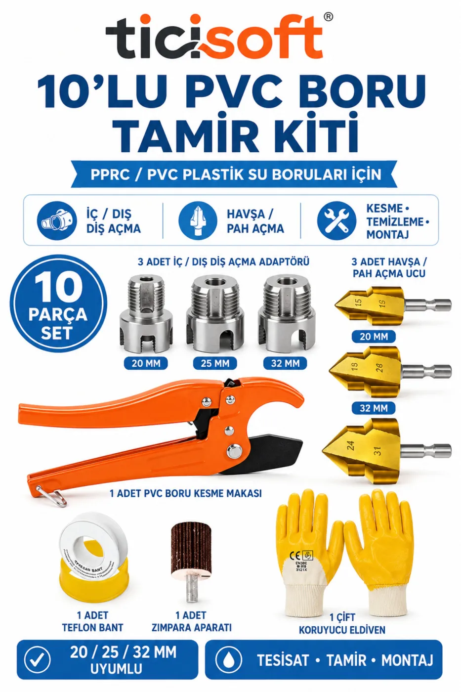 10 Parça PPRC PVC Boru Tamir Seti 20-25-32 mm İç Dış Diş Açma Havşa Pah Açma Boru Makası Tesisatçı Kiti