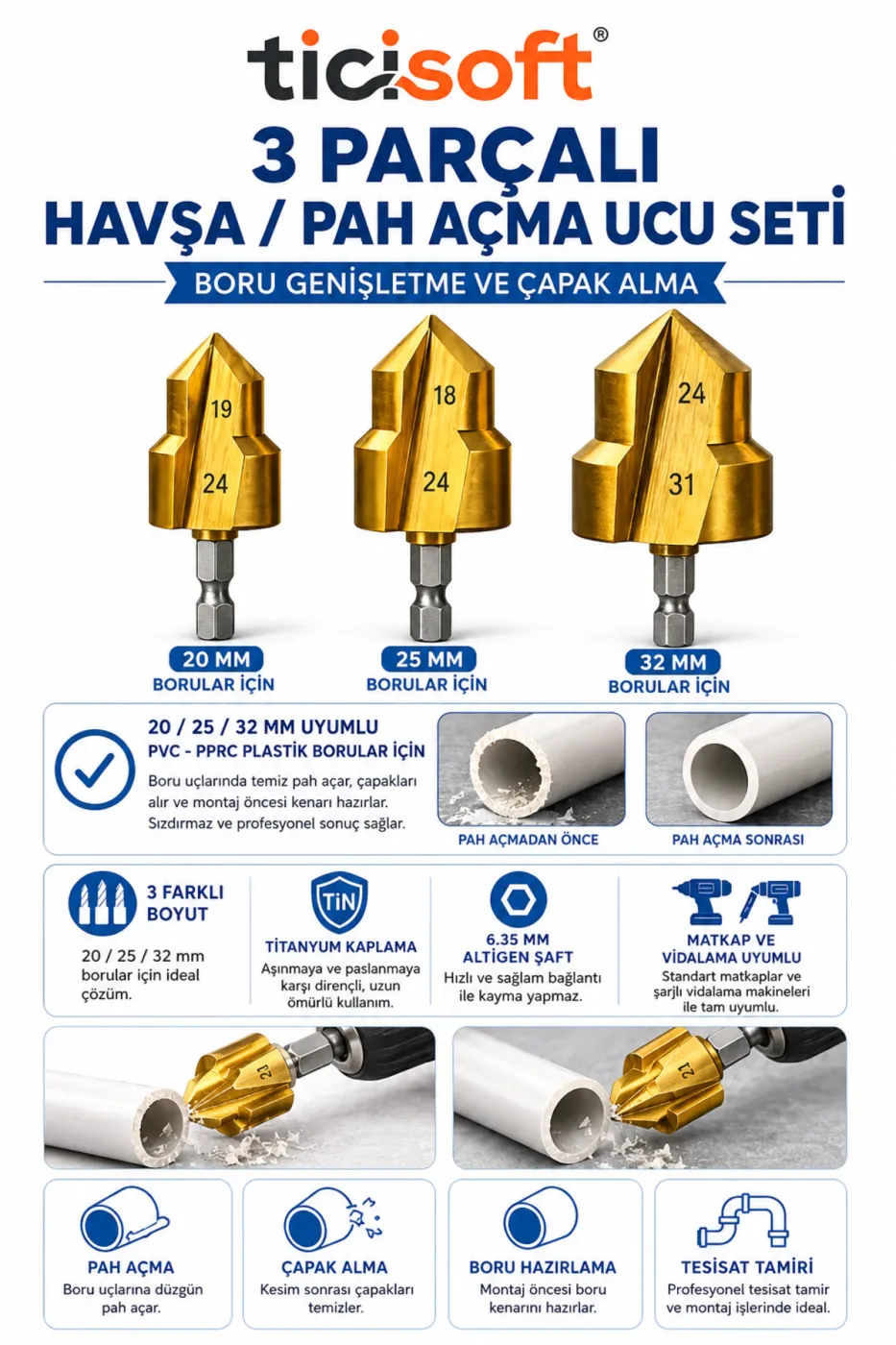 10 Parça PPRC PVC Boru Tamir Seti 20-25-32 mm İç Dış Diş Açma Havşa Pah Açma Boru Makası Tesisatçı Kiti