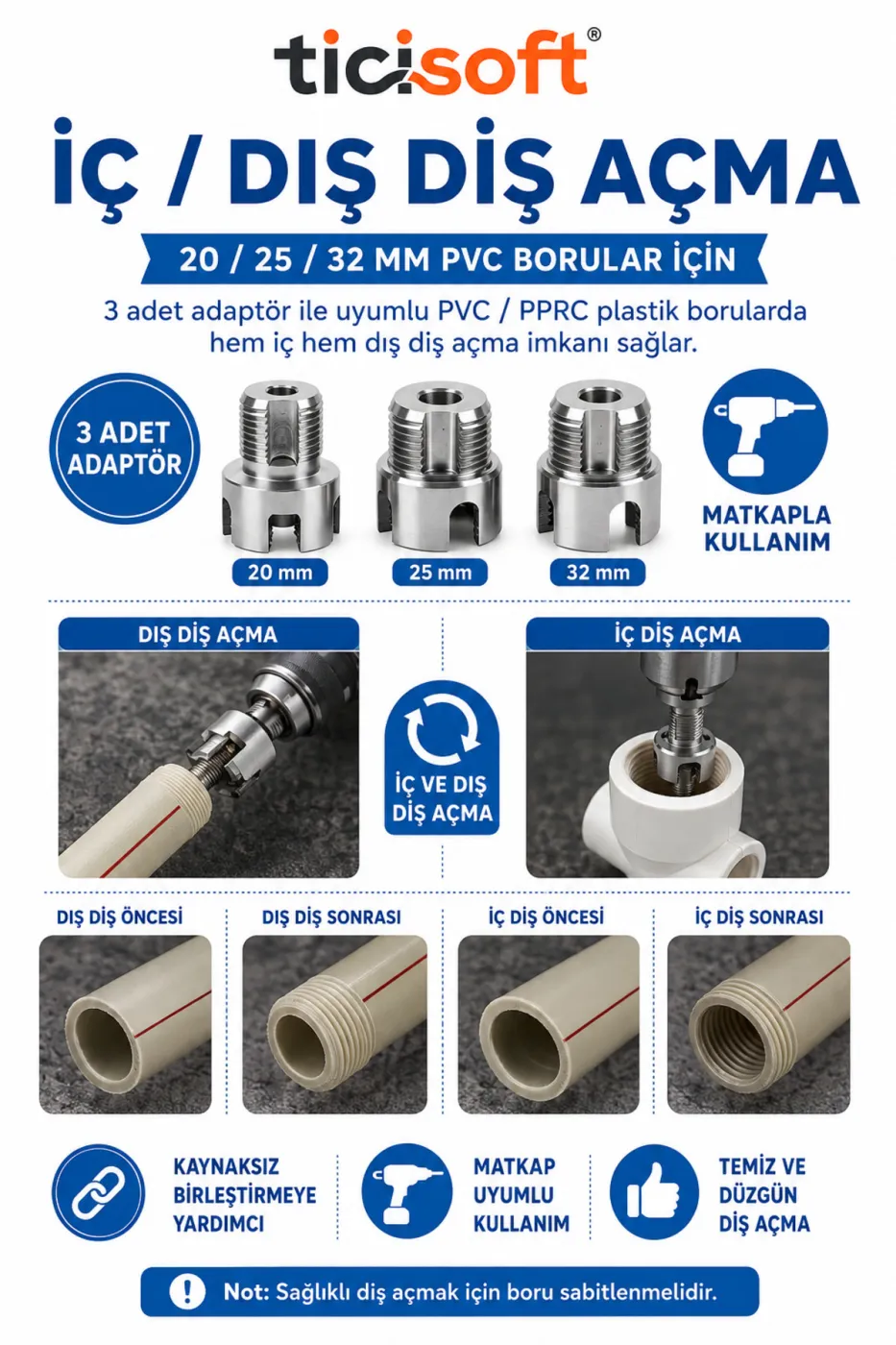 10 Parça PPRC PVC Boru Tamir Seti 20-25-32 mm İç Dış Diş Açma Havşa Pah Açma Boru Makası Tesisatçı Kiti