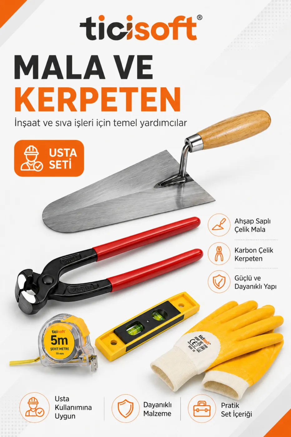 5 Parça İnşaatçı El Aletleri Seti 20 cm Sıvacı Malası 25 cm Betoncu Kerpeteni 32 cm Su Terazisi 5 Metre Şerit Metre İş Eldiveni