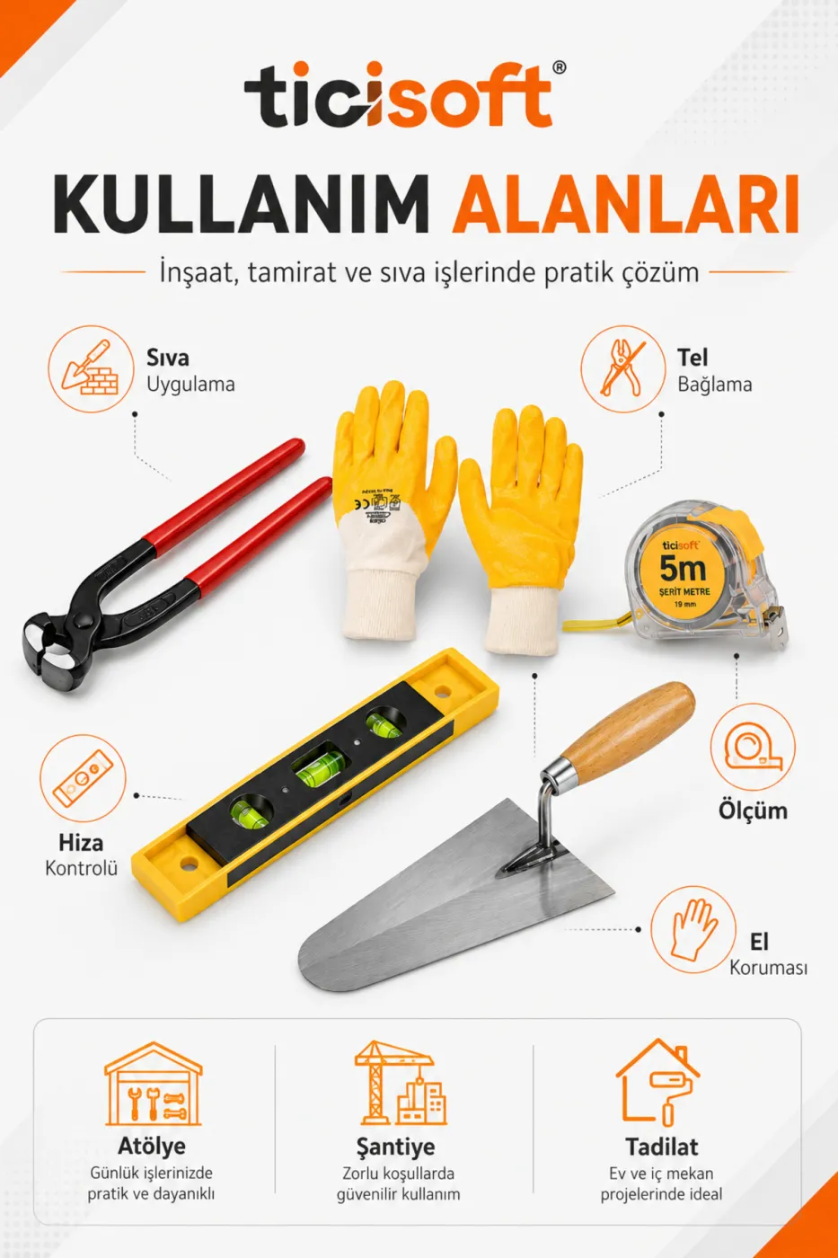 5 Parça İnşaatçı El Aletleri Seti 20 cm Sıvacı Malası 25 cm Betoncu Kerpeteni 32 cm Su Terazisi 5 Metre Şerit Metre İş Eldiveni
