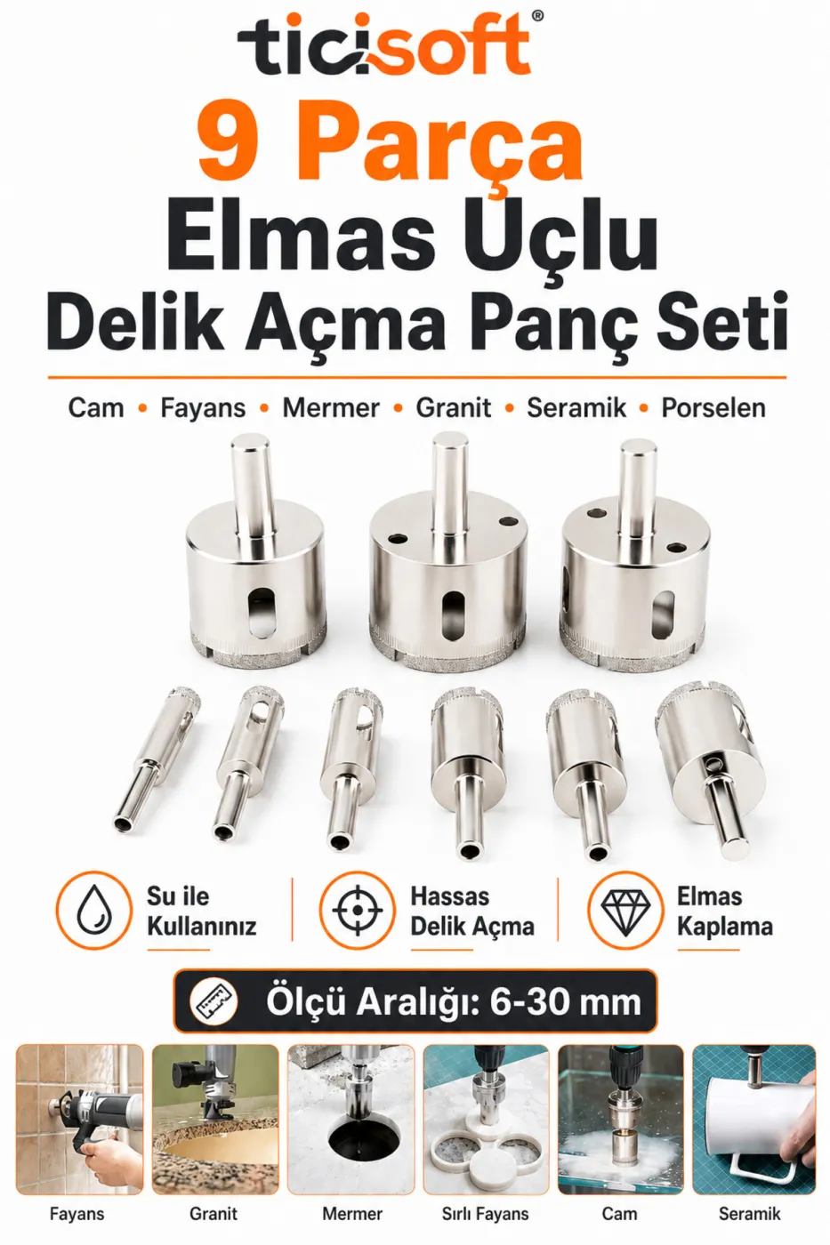 Cam Fayans Mermer Granit Seramik Porselen Delme Panç Seti Elmas Uçlu 6-30 mm 9 Parça