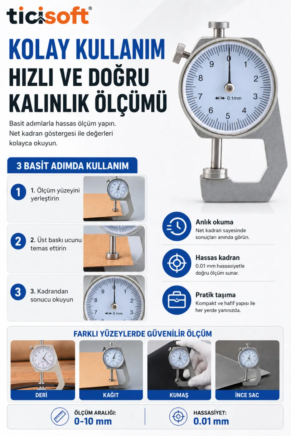 Mekanik Mikrometre Kalınlık Ölçer 0-10 mm Hassas Analog Kumpas 0.01 mm Deri Kağıt Kumaş Sac Ölçüm Cihazı