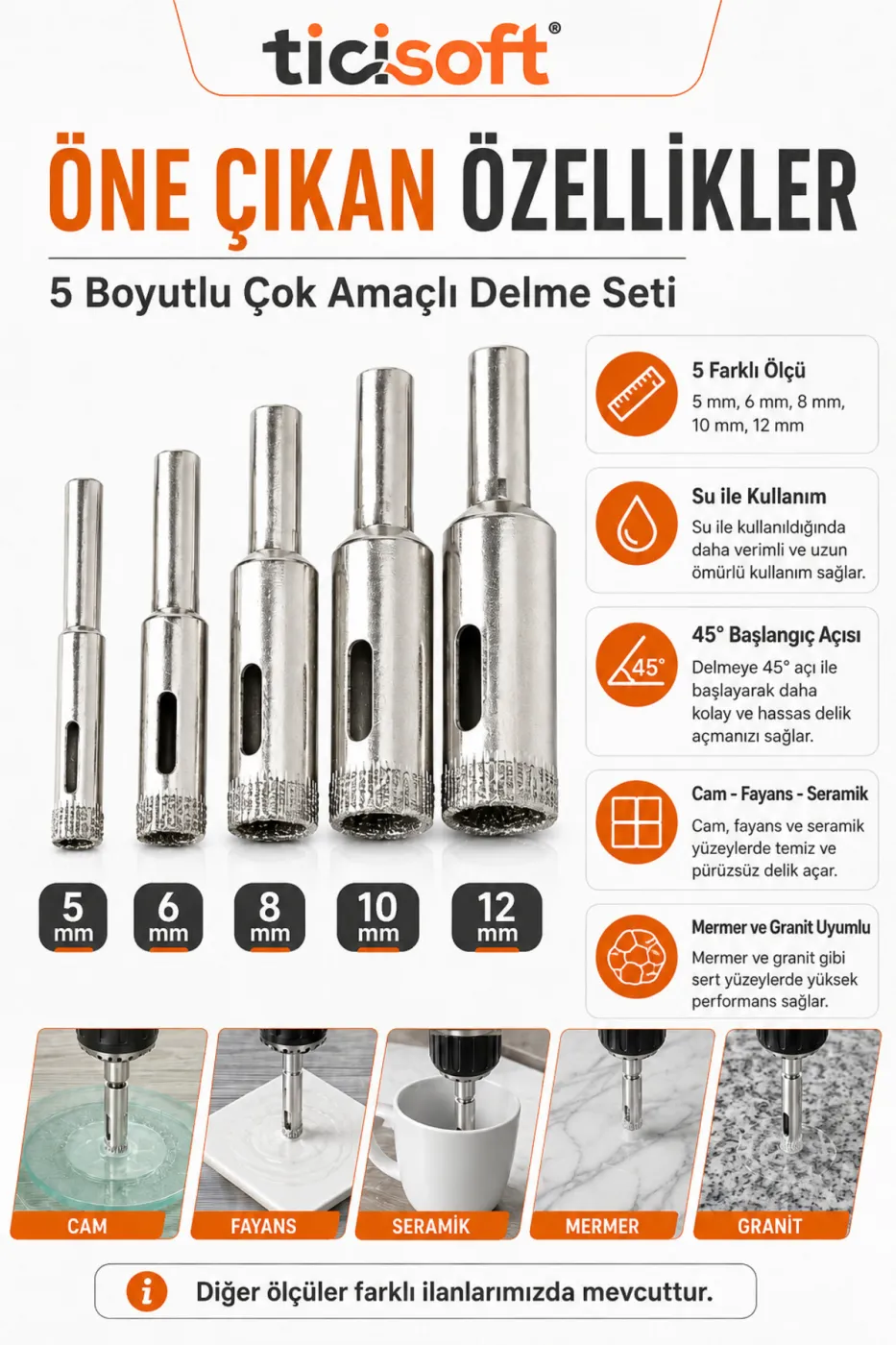 Cam Fayans Delme Ucu Seti 5 Parça 5-6-8-10-12 mm Elmas Uçlu Karot Mermer Seramik Granit Delici