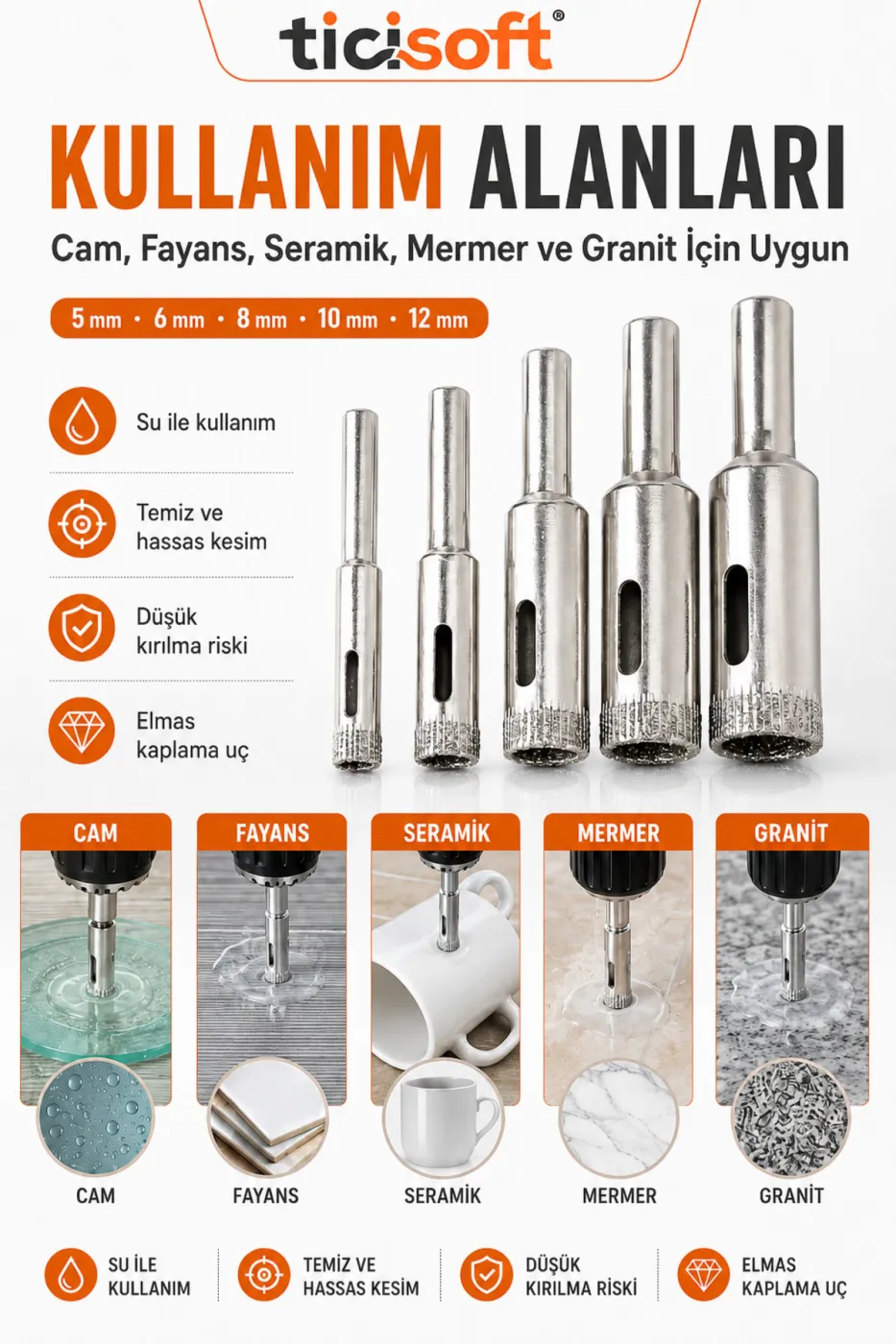 Cam Fayans Delme Ucu Seti 5 Parça 5-6-8-10-12 mm Elmas Uçlu Karot Mermer Seramik Granit Delici