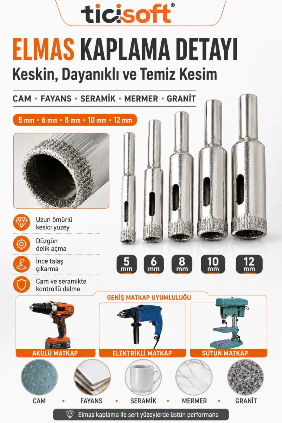 Cam Fayans Delme Ucu Seti 5 Parça 5-6-8-10-12 mm Elmas Uçlu Karot Mermer Seramik Granit Delici