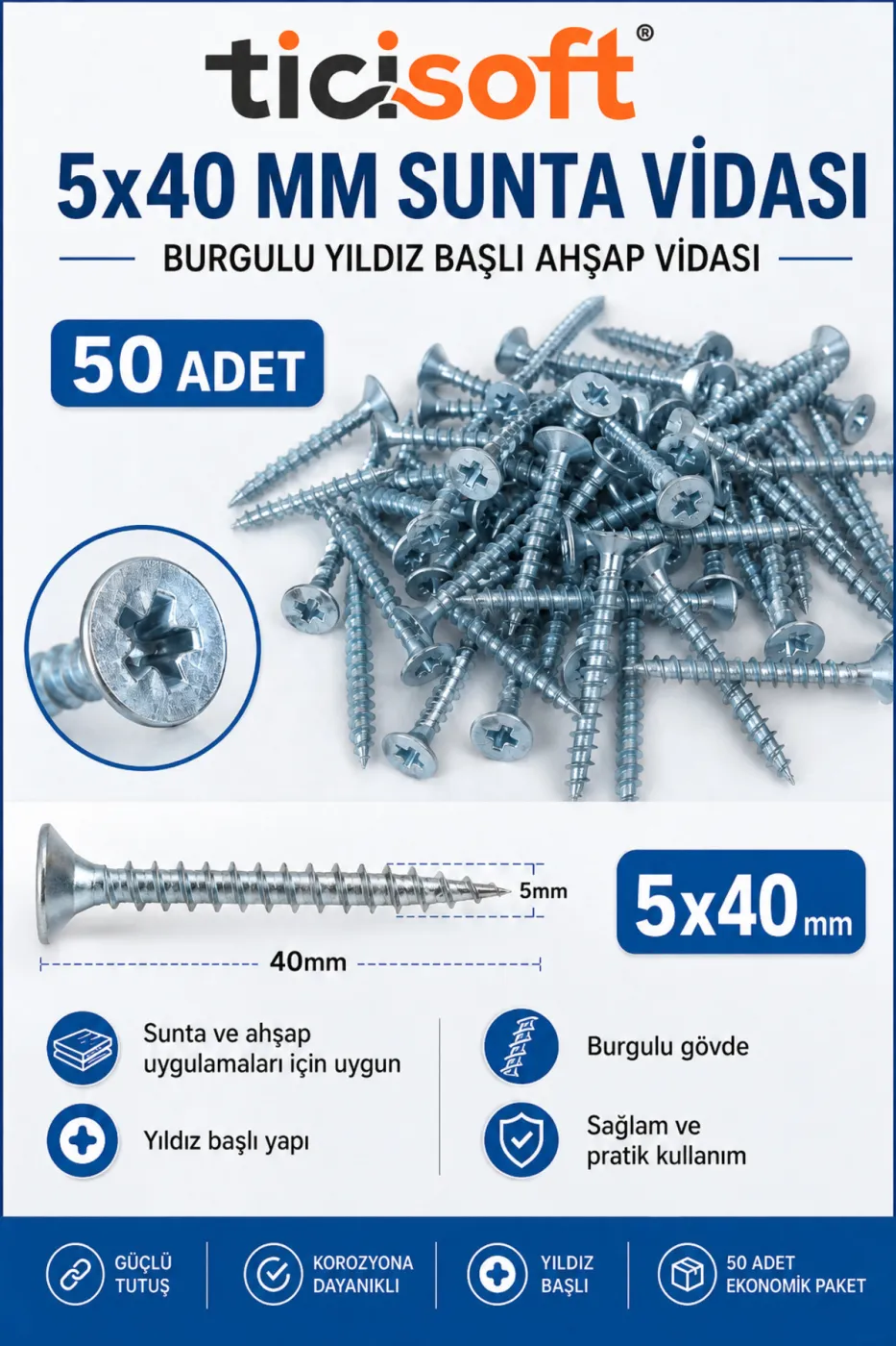 5x40 mm Sunta Vidası 50 Adet Burgulu Yıldız Başlı Ahşap Vidası Seti Sivri Uçlu Montaj Vidası