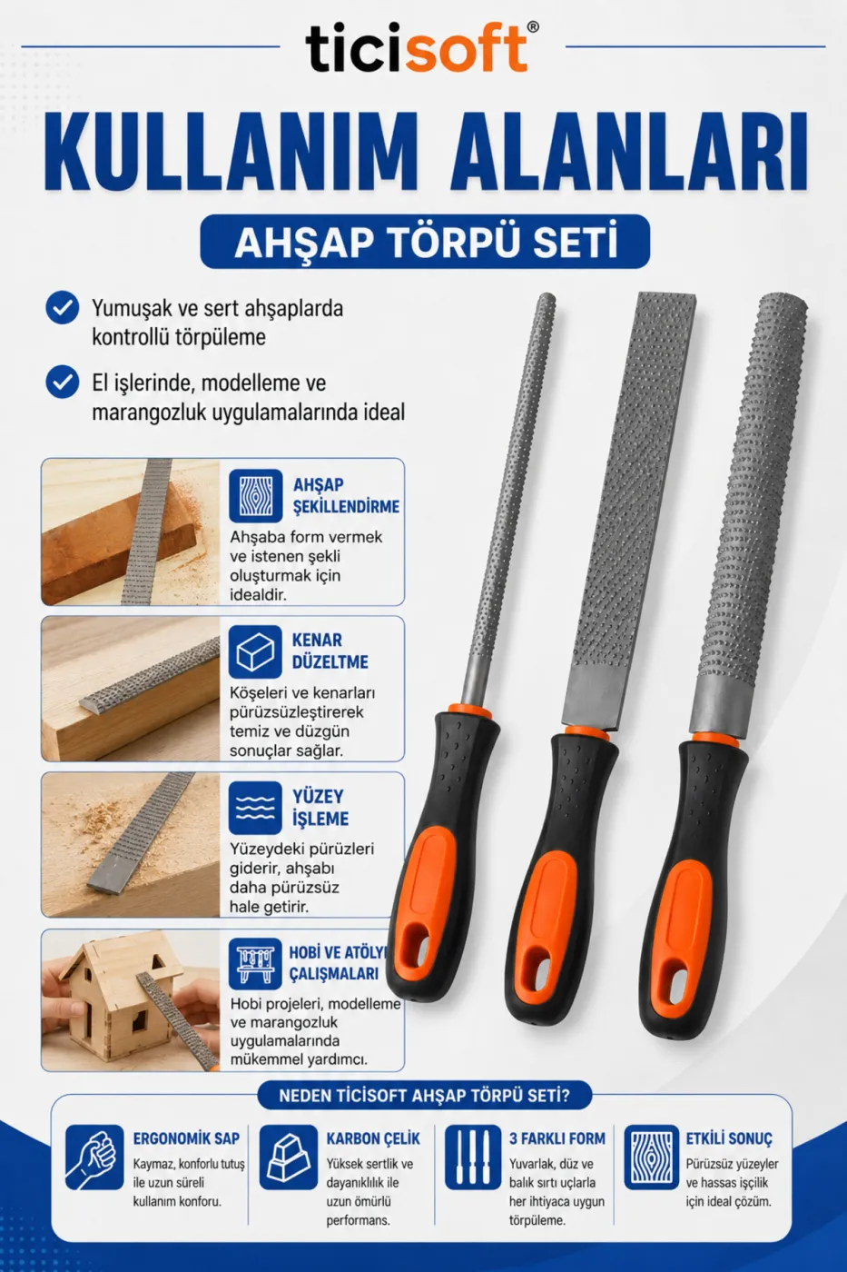 Ahşap Törpü Seti 3 Parça 30 cm Saplı Karbon Çelik Yuvarlak Düz Balık Sırtı Ahşap Şekillendirme Eğe Seti
