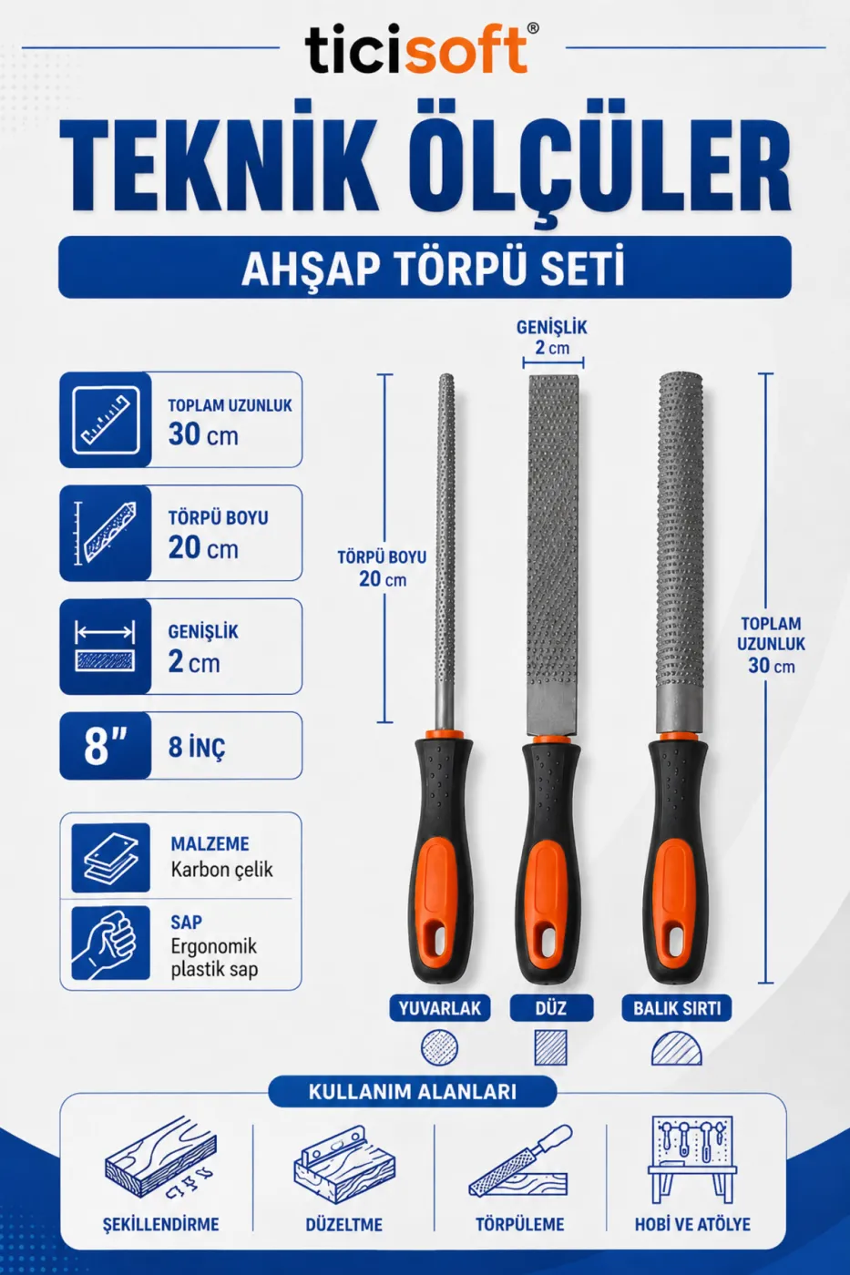 Ahşap Törpü Seti 3 Parça 30 cm Saplı Karbon Çelik Yuvarlak Düz Balık Sırtı Ahşap Şekillendirme Eğe Seti