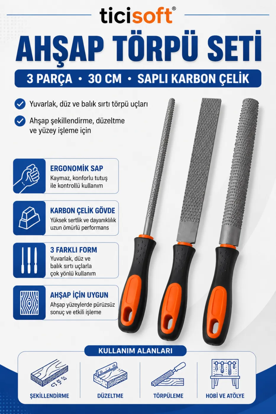Ahşap Törpü Seti 3 Parça 30 cm Saplı Karbon Çelik Yuvarlak Düz Balık Sırtı Ahşap Şekillendirme Eğe Seti