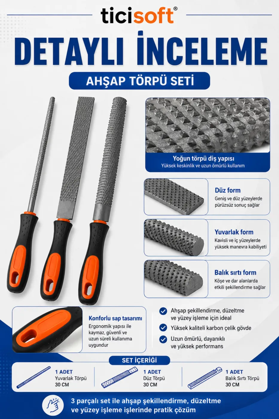 Ahşap Törpü Seti 3 Parça 30 cm Saplı Karbon Çelik Yuvarlak Düz Balık Sırtı Ahşap Şekillendirme Eğe Seti