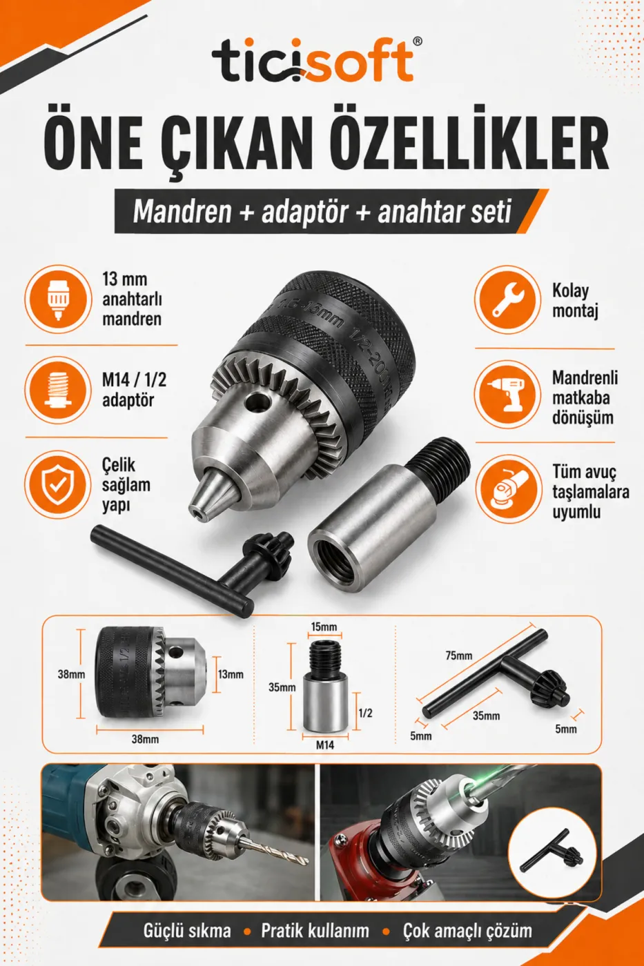 Avuç Taşlama Spiral Makinesini Matkaba Dönüştürme Seti 13 mm Anahtarlı Çelik Mandren M14 - 1/2 Adaptör