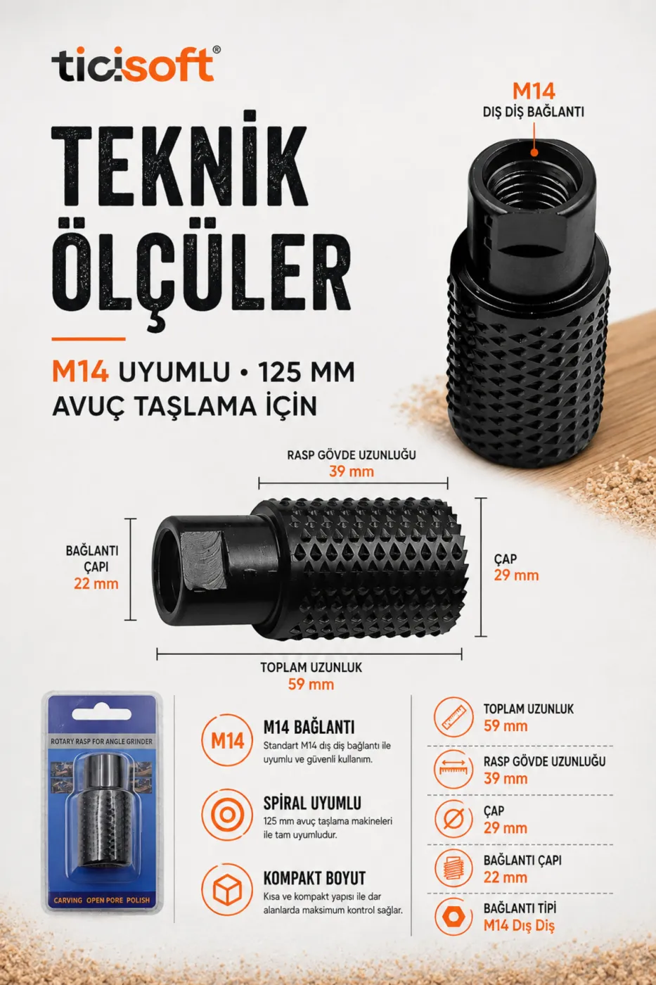 Avuç Taşlama İçin M14 Silindir Ahşap Oyma Rasp Ucu – Karbon Çelik Traşlama ve Şekillendirme Aparatı
