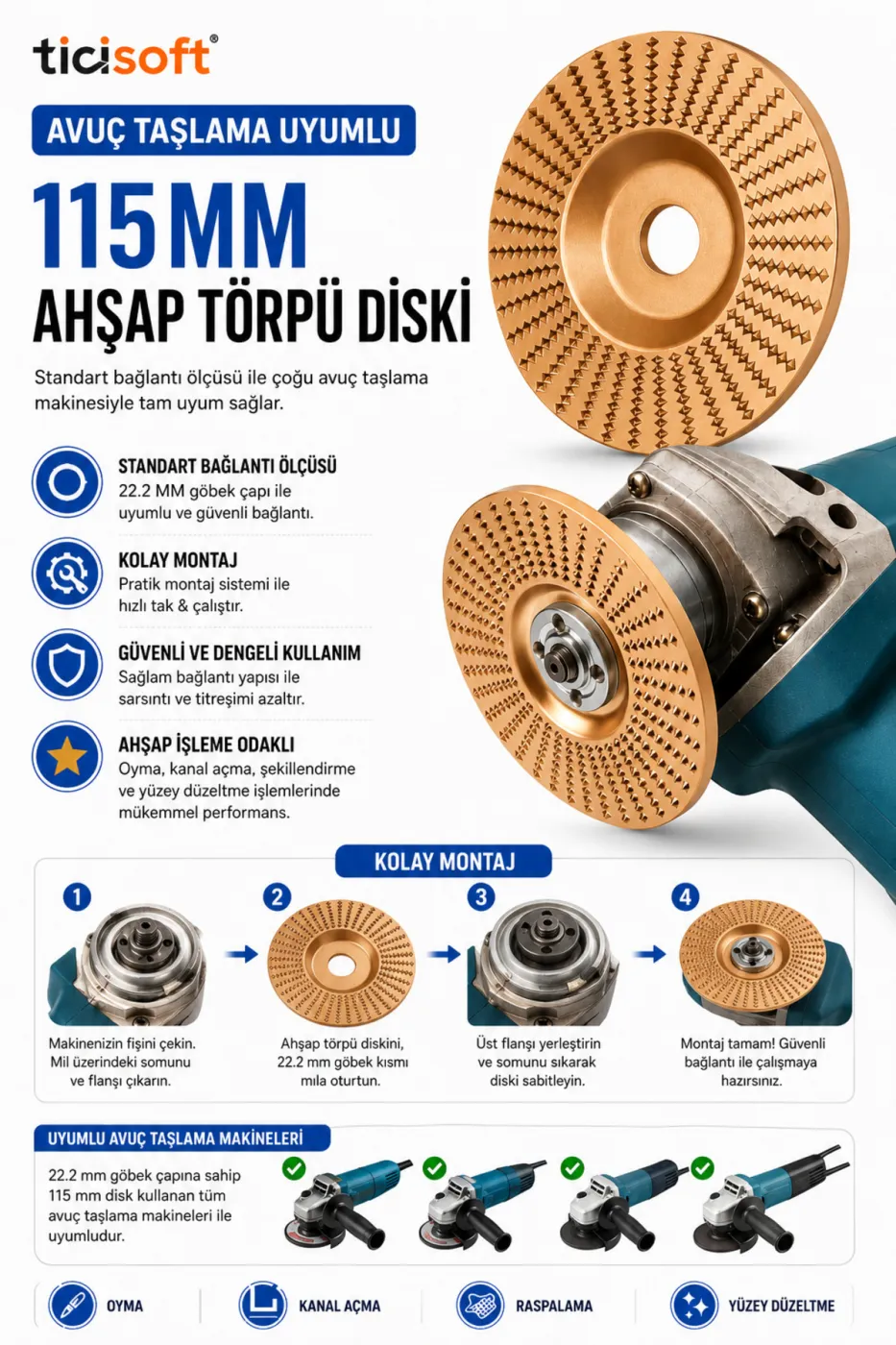 115 mm Ahşap Törpü Diski Avuç Taşlama Uyumlu Oyma Raspalama Aşındırma Şekillendirme Diski 22.2 mm