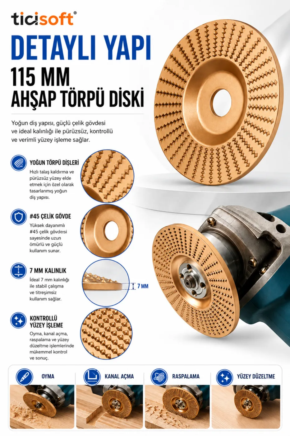 115 mm Ahşap Törpü Diski Avuç Taşlama Uyumlu Oyma Raspalama Aşındırma Şekillendirme Diski 22.2 mm