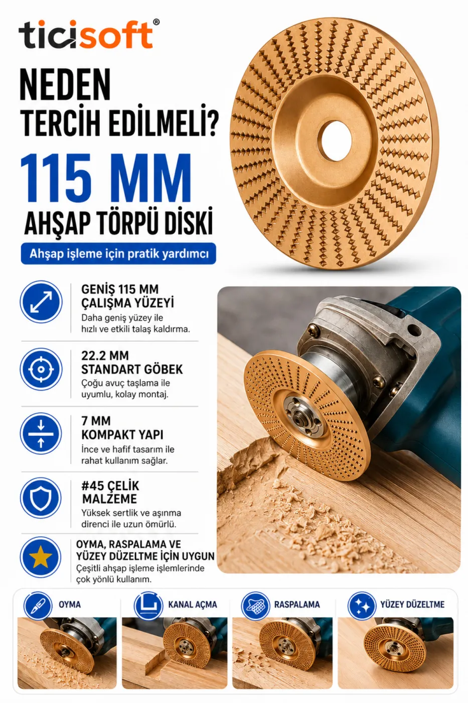 115 mm Ahşap Törpü Diski Avuç Taşlama Uyumlu Oyma Raspalama Aşındırma Şekillendirme Diski 22.2 mm